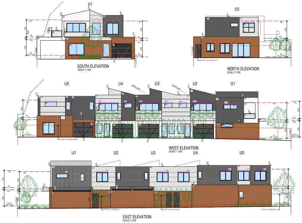 Elevations of the five-unit development